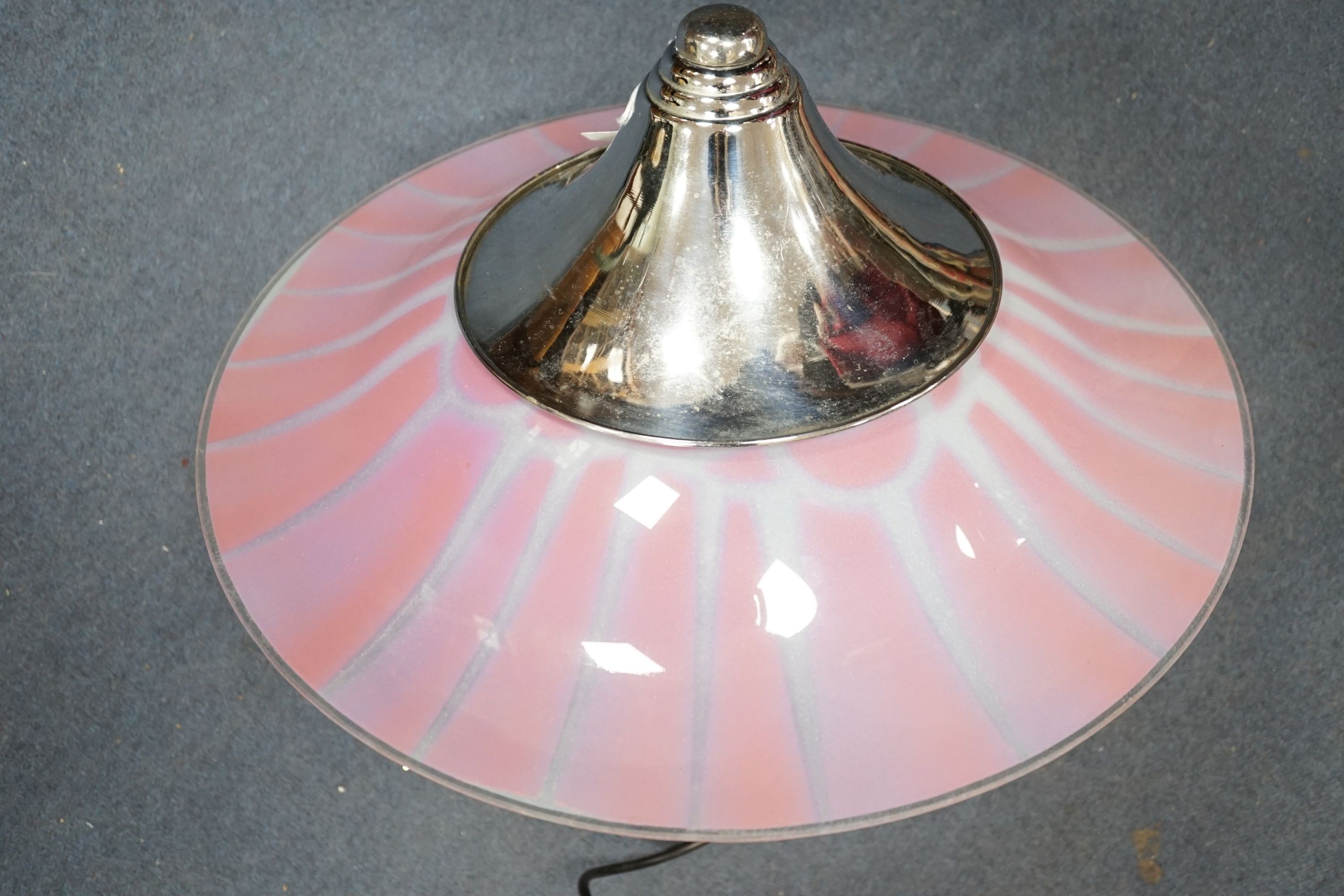 A chrome and pink and clear glass 1930's hanging ceiling light